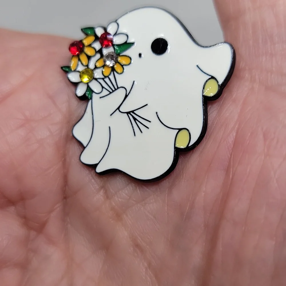 Halloween Flower Enamel Ghost Tac Pin White Black One Inch Wide Unisex
